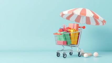 Elegant 3D summer banner featuring a shopping cart full of colorful packages, a striped beach umbrella, and festive balls. Soft blue background, stylish pastel palette, designed for modern e-commerce 