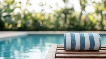 Relaxing Poolside Scene with Rolled Towel on Wooden Lounge and Tranquil Water Background in Sunny Atmosphere