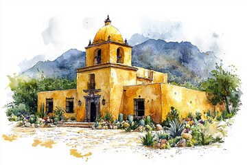 sketch with watercolor of a traditional mexican building (hacienda), simple black outlines