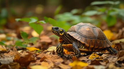 Obraz premium Turtle exploring a forest floor covered in autumn leaves during daylight