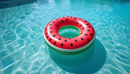 A red watermelon-shaped pool float drifts gently on clear blue swimming pool water under bright sunlight.