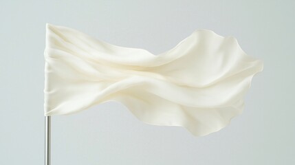 A flowing white flag gently waves, showcasing a smooth texture and soft draping, symbolizing peace or surrender against a neutral background.