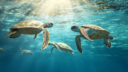 Obraz premium Sea turtles swimming gracefully in clear ocean water during a sunny day