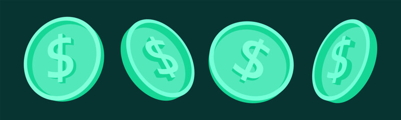 Green Money Coin 3d Turning Set, Financial Currency Symbol Element for Payment Banking and Saving within Simplicity Flat Design Vector Illustration Cut out Isolate.