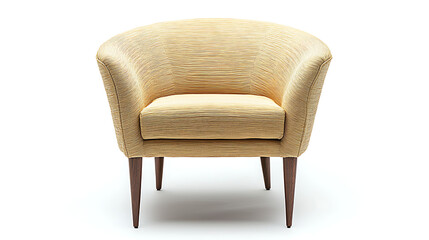 Fototapeta premium A tan chair with wooden legs sits on a white background