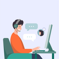 An illustration of a man working as customer support, communicating online through her personal computer, assisting customers with inquiries and providing service in a professional, tech-driven envi
