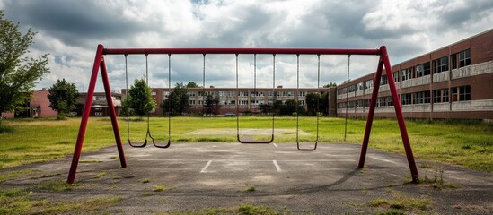 Abandoned playground with an old school building in the background