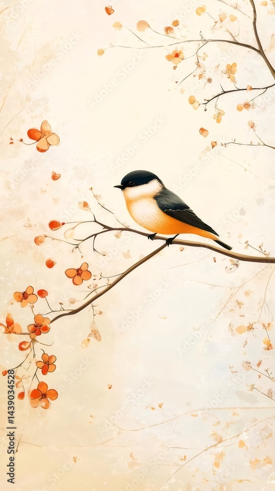 Poster オレンジと黒の鳥が花咲く枝に止まる水彩画の背景に描かれた自然の芸術