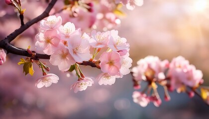 Delicate pink cherry blossoms in full bloom on a tree branch, bathed in soft, warm sunlight.