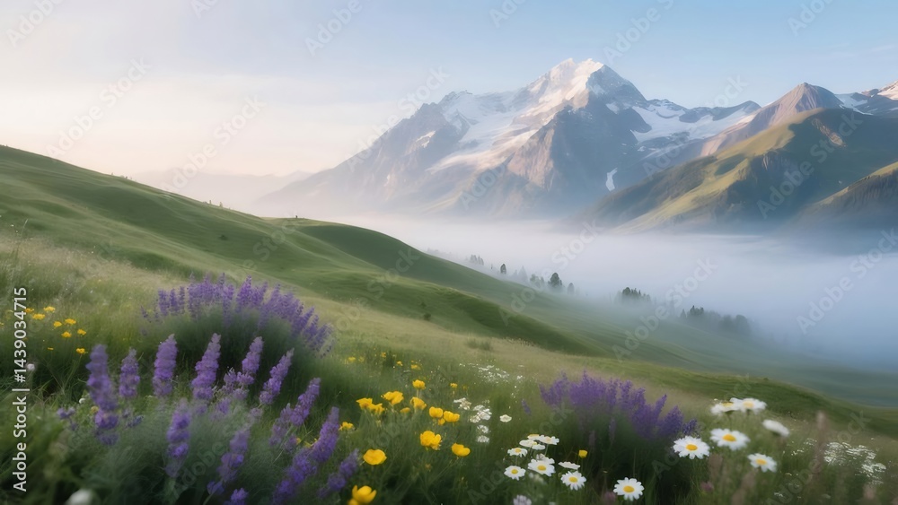 Aufkleber 高山風景 霞がかった谷間に咲く多様な花々 白い雪を抱く山々と緑豊かな斜面
