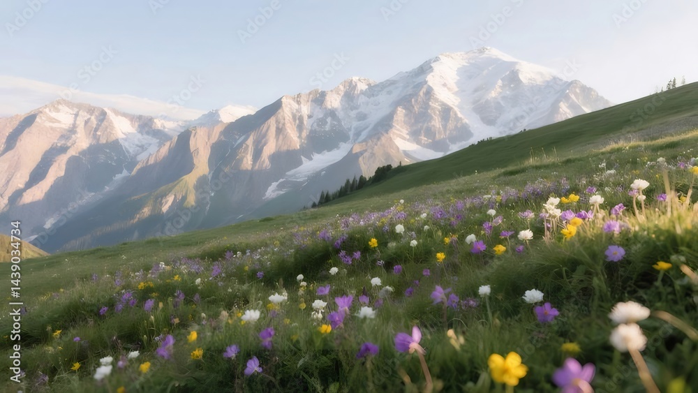 Aufkleber 高山の花咲く牧草地と雪を頂いた山々の風景 鮮やかな色彩と光 春夏の自然の美しさ