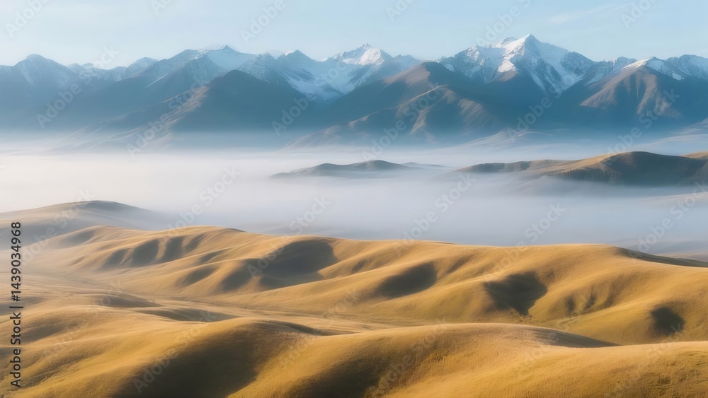 Aufkleber 朝の霧に包まれた丘と雪山 黄金色の草地と青空のコントラスト 穏やかな風景