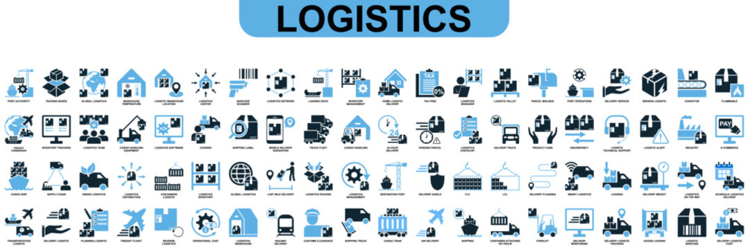 Set of logistics icon vector for comprehensive supply chain, transportation, and distribution elements. Ideal for export import, global trade, and logistics operations illustration.