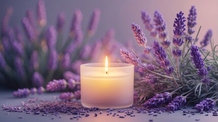 Serene spa ambiance with candlelit display and purple lavender background for aromatherapy therapy beauty product and relaxation experience stock photo wallpaper background
