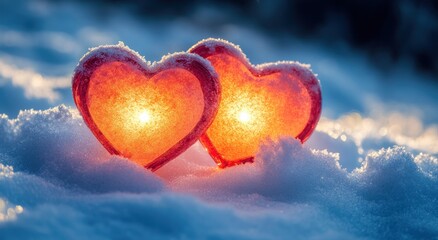 Fototapeta premium Luminous hearts in snow at sunset. Romantic winter scene