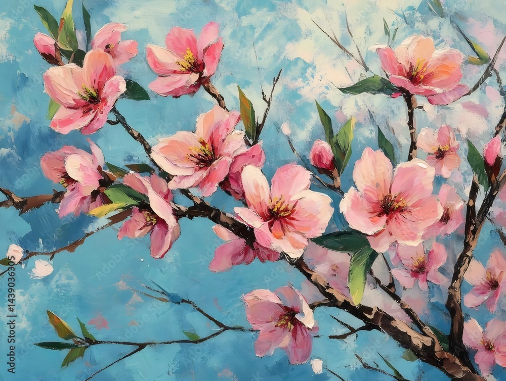 Poster ピンクの花と緑の葉が咲き誇る青い背景に描かれた桜の枝のクローズアップ