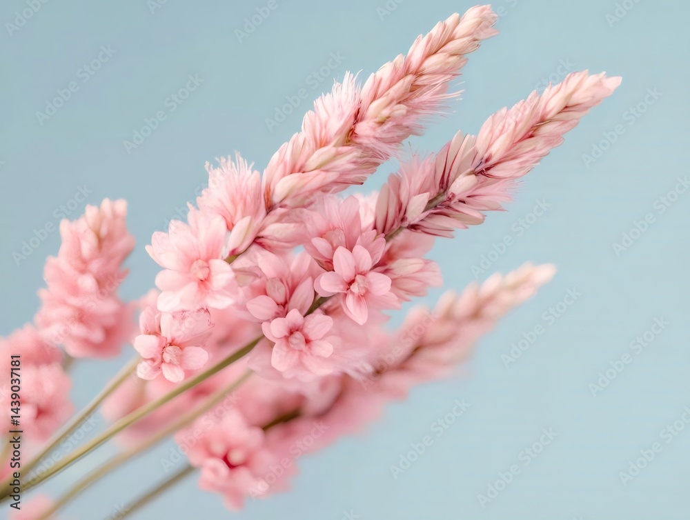 Aufkleber 青色の背景にピンクの花束が咲き誇るマクロ撮影 柔らかい質感でロマンチックな自然の美しさ