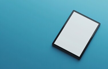 3D render of a black tablet with a blank screen on a blue background, viewed from a top-down angle. A mockup for design and advertising concepts. Black modern touch device mockup. 