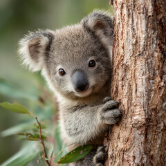 Baby koala clinging to tree