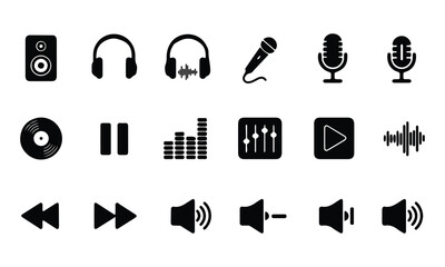 Black Audio and Music Icon Set. Black vector icons: microphones, headphones (with sound waves), speaker, sound wave, reverse, settings, equalizer, pause, vinyl, volume levels, rewind/fast forward.