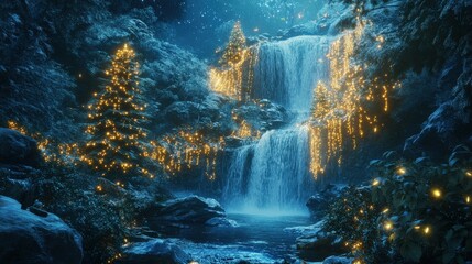 Obraz premium Illuminated Christmas waterfall cascading through snowy forest.
