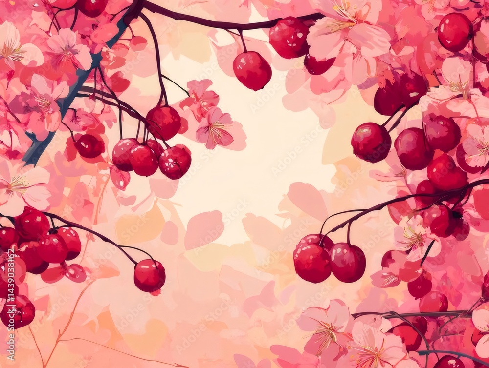 Aufkleber ピンクの花と赤いチェリーが咲く桜の枝 美しい背景にロマンチックな春の風景