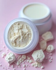 Creamy, loose powder in containers