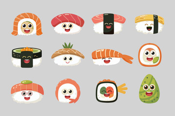 Cute cartoon sushi set with various toppings and smiling faces. Includes nigiri, maki, and gunkan. Colorful and playful food illustration.
