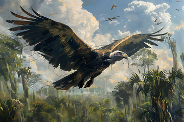 Fototapeta premium Powerful Brown Vulture Soaring Over Lush Tropical Jungle