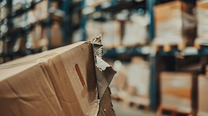 Torn shipping label on cardboard box symbolizing order cancellations, logistics problems, failed delivery and ecommerce return concept