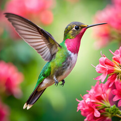 a hummingbird with a green head and pink