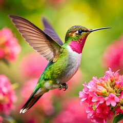 Fototapeta premium a hummingbird with a green head and pink