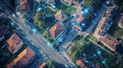 Aerial view of interconnected city with digital network overlay
