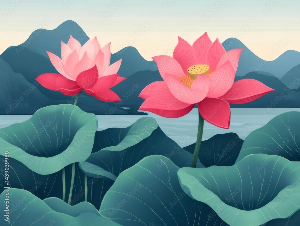 Poster 水面に咲くピンクの蓮の花と緑の葉の風景 イラストレーション 鮮やかな色彩で穏やかな夏の情景を描写
