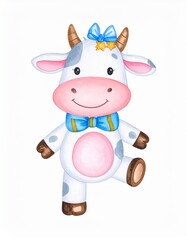 Fototapeta premium Watercolor illustration of cute kid cow doll, smiling happily