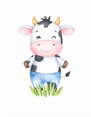 Fototapeta premium Watercolor illustration of cute kid cow doll, smiling happily