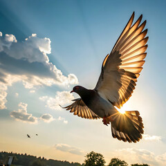 Obraz premium a pigeon flying in the air with the sun shining
