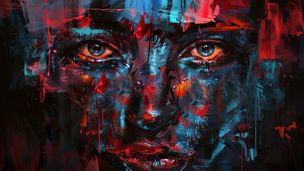 Large paint strokes. Face in glitch art style. Image to attract attention in banner ads. Generated AI.