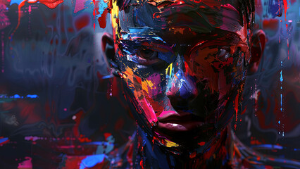 Large paint strokes. Face in glitch art style. Image to attract attention in banner ads. Generated AI.
