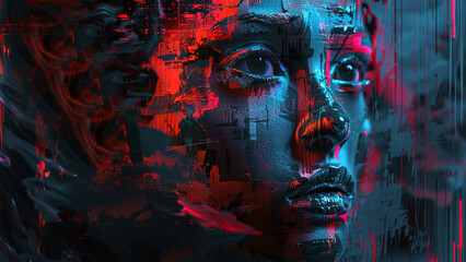 Large paint strokes. Face in glitch art style. Image to attract attention in banner ads. Generated AI.