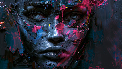 Large paint strokes. Face in glitch art style. Image to attract attention in banner ads. Generated AI.