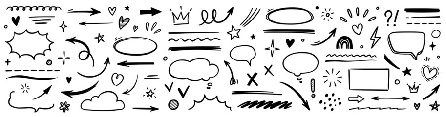 Line hand drawn brush marker arrow, heart shape element set. Hand drawn sketch marker underline shape, arrow, star marker brush pen stroke icon heart element. Vector illustration