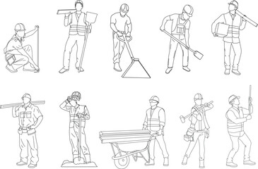 A clean and minimal set of line style illustrations featuring construction workers in various tasks and poses, for engineering projects, labor day visuals, and architectural content.