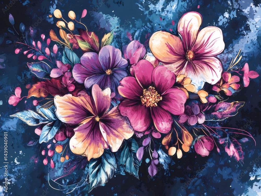 Aufkleber 水彩画の花の組成物 暗い背景に咲くピンクと紫の花と緑の葉のイラスト