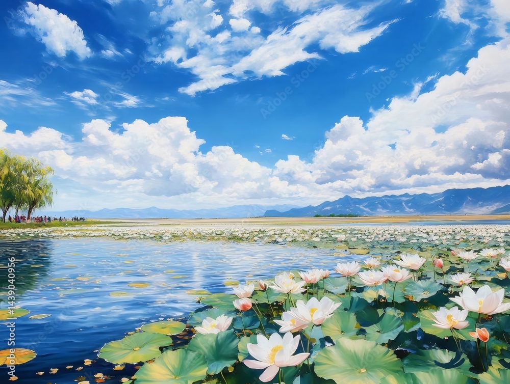 Poster 青空と白い雲の下 咲き誇る蓮の花 穏やかな水面に浮かぶ風景画 夏の爽やかな自然の美しさ