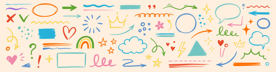 Line hand drawn brush marker underline, highlight, star element color kid set. Hand drawn sketch marker underline shape, arrow, star scribble brush pen stroke highlight element. Vector illustration