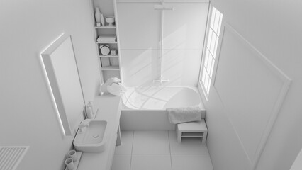 The warm minimalist bathroom with a large mirror and a window. The bathroom has a modern design with a grey tile floor and a grey sink. Premium photo 3d render.