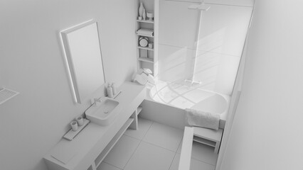 The warm minimalist bathroom with a large mirror and a window. The bathroom has a modern design with a grey tile floor and a grey sink. Premium photo 3d render.
