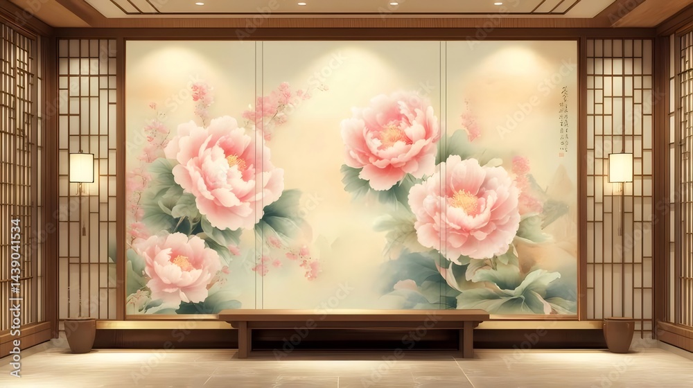 Poster 木製の台座にピンク色の牡丹の花が描かれた日本の伝統的な壁面装飾 優雅な雰囲気の室内装飾