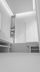 The warm minimalist bathroom with a large mirror and a window. The bathroom has a modern design with a grey tile floor and a grey sink. Premium photo 3d render.